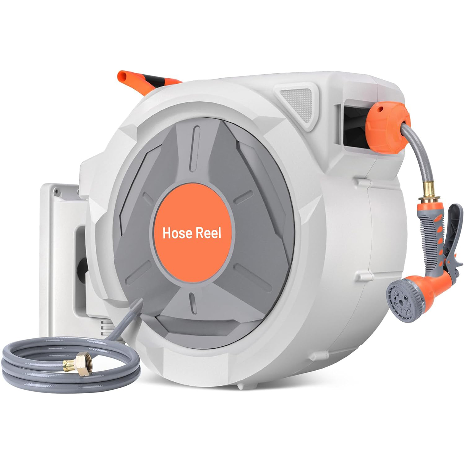 Telyswee Retractable Hose Reel 130 ft x 1/2 inch, 180° Swivel Bracket Wall-Mounted, Garden Water Hose Reel with 9-Pattern Nozzle, Automatic Rewind, Lock at Any Length, and Slow Return System